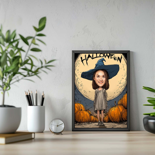 Custom Halloween caricature portrait of a girl in witch hat with pumpkins and full moon backdrop