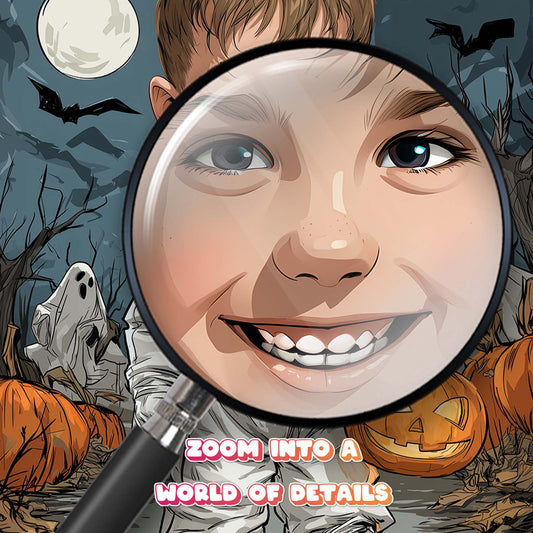 Custom Halloween cartoon portrait of smiling boy holding pumpkin with spooky ghost background