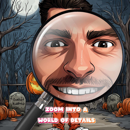 Personalized cartoon portrait of man holding pumpkin lantern in spooky graveyard, Halloween wall art gift