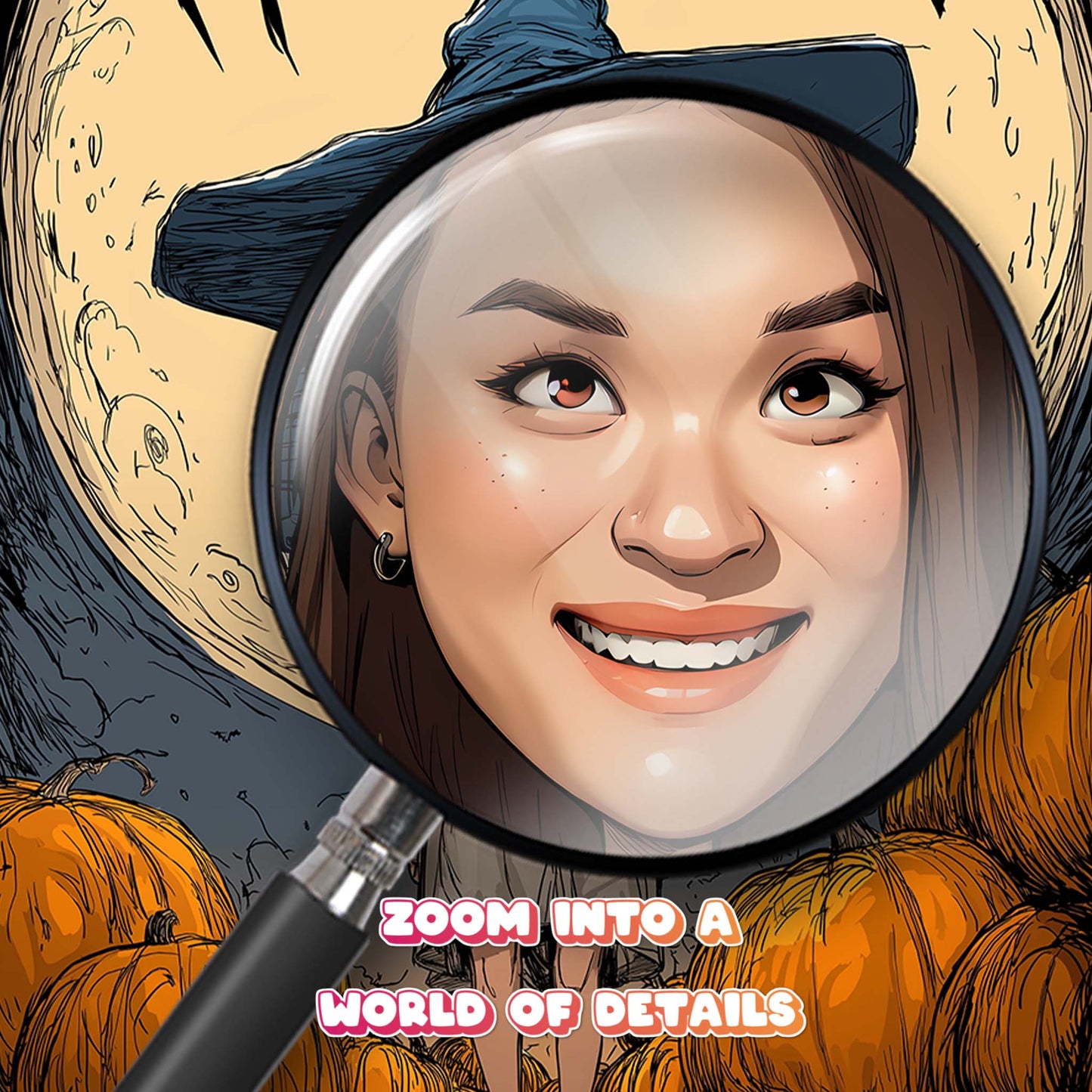 Custom Halloween caricature portrait of a girl in witch hat with pumpkins and full moon backdrop