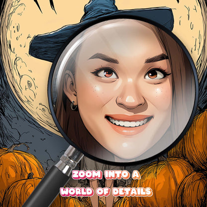 Custom Halloween caricature portrait of a girl in witch hat with pumpkins and full moon backdrop