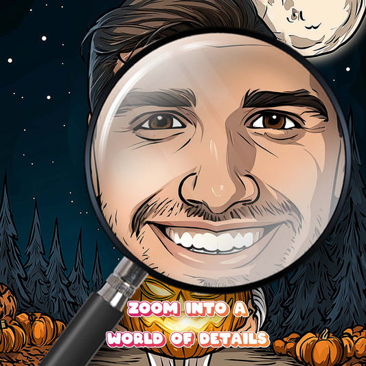 Custom Halloween cartoon portrait of smiling man with glowing pumpkin and full moon background