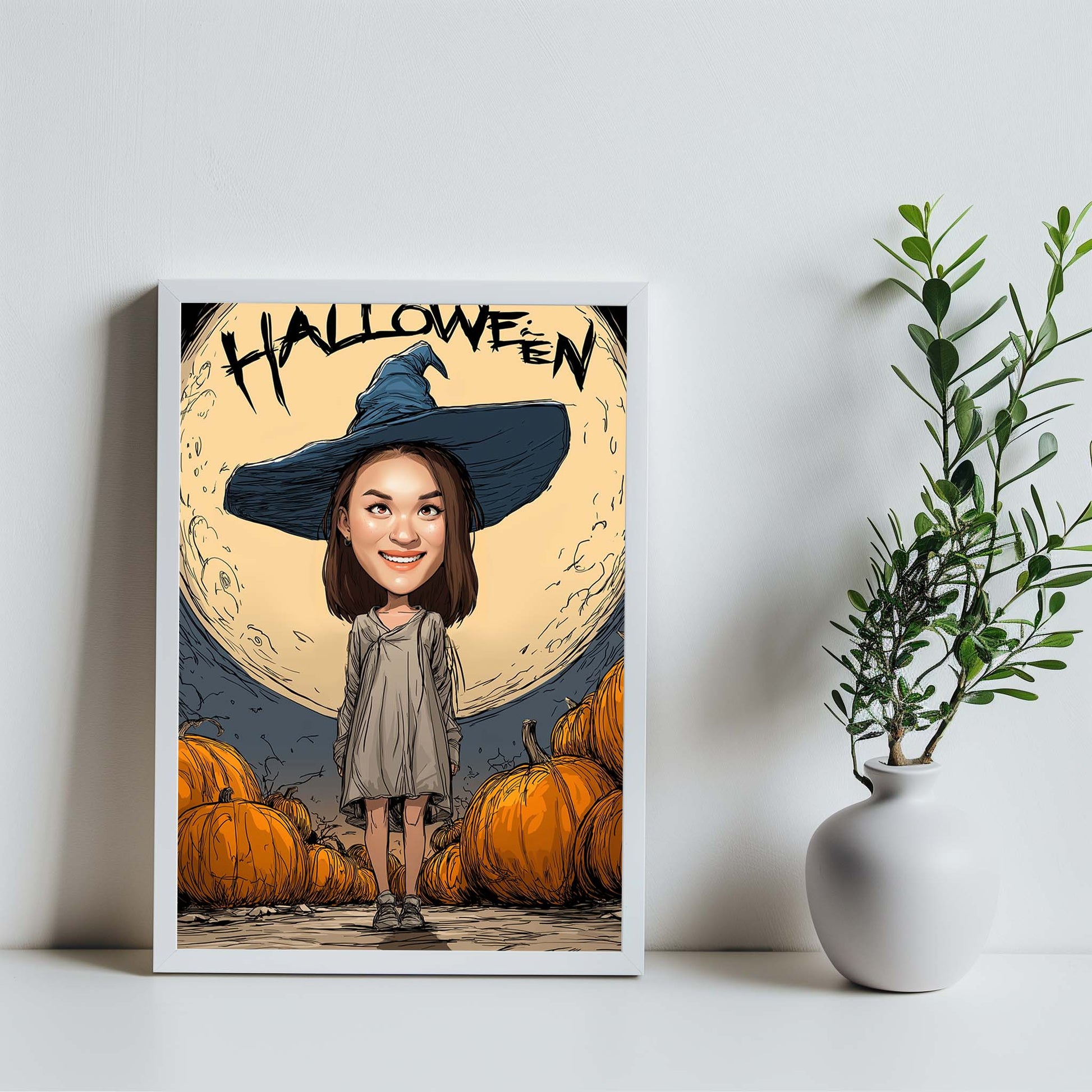 Custom Halloween caricature portrait of a girl in witch hat with pumpkins and full moon backdrop