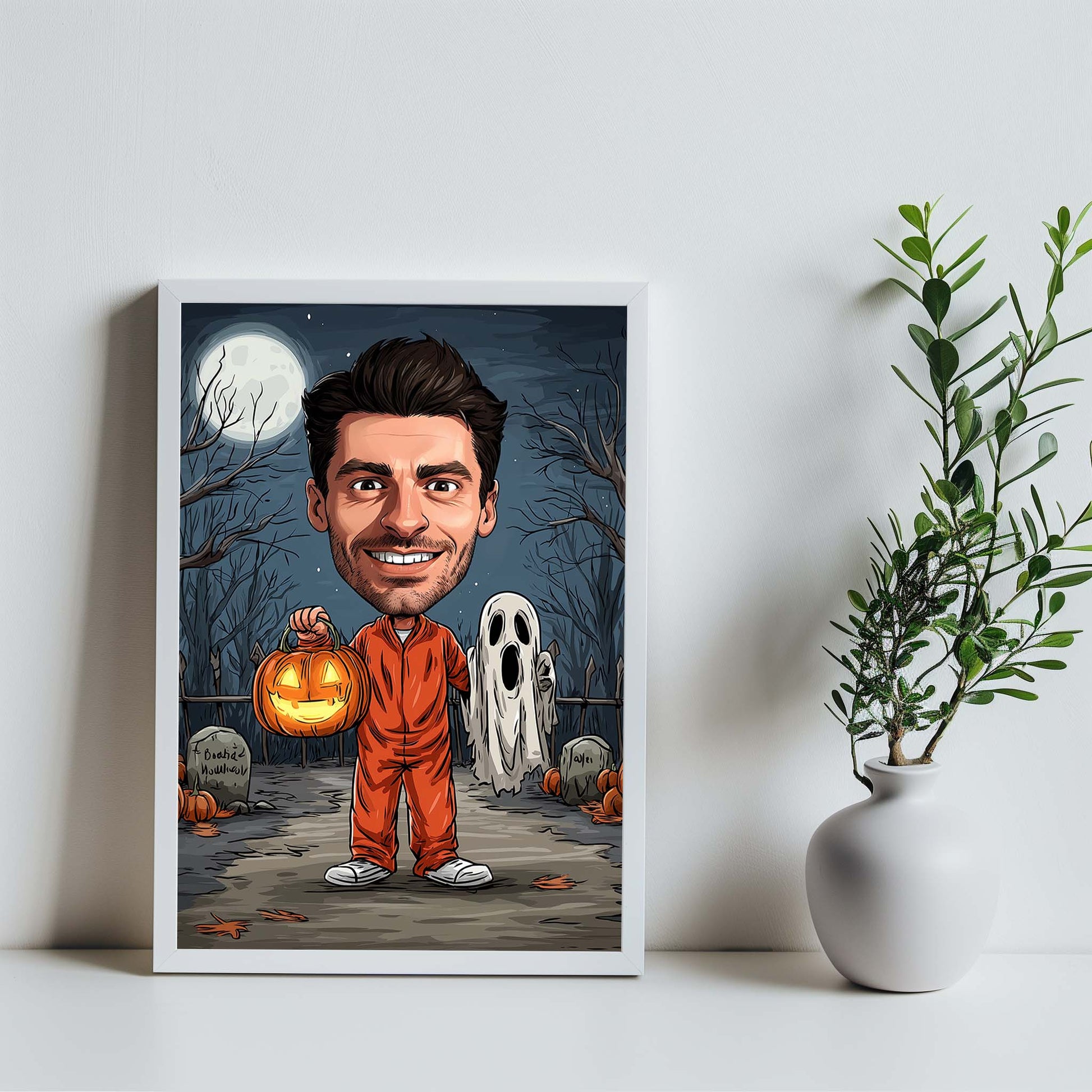 Personalized cartoon portrait of man holding pumpkin lantern in spooky graveyard, Halloween wall art gift