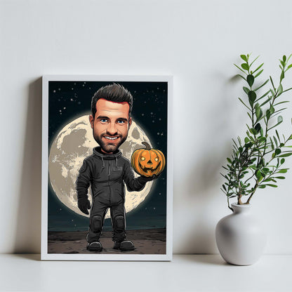Hand-drawn astronaut cartoon portrait holding pumpkin before moon, personalized character illustration wall art gift