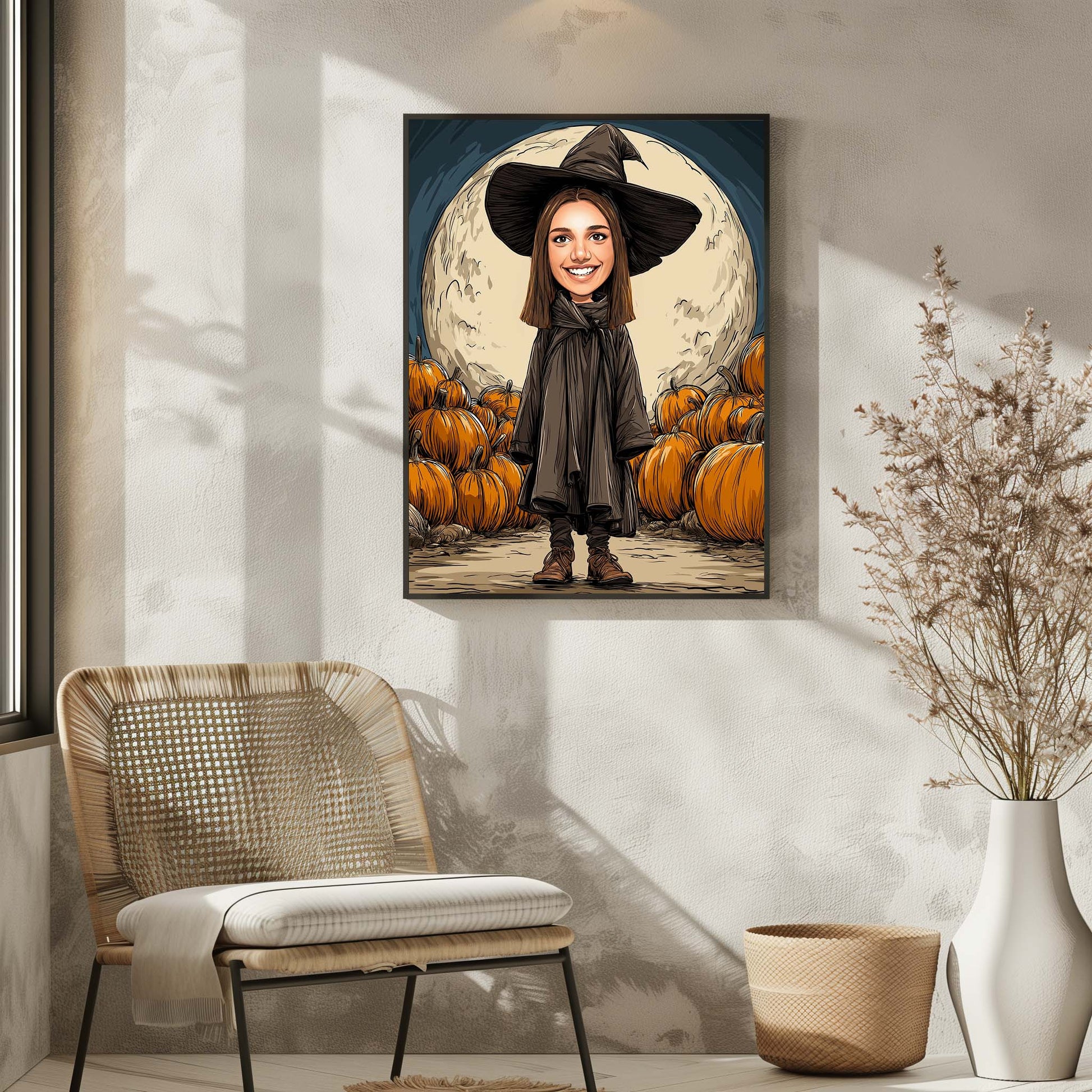 Personalized witch wall art portrait with pumpkins and full moon, perfect Halloween decor gift