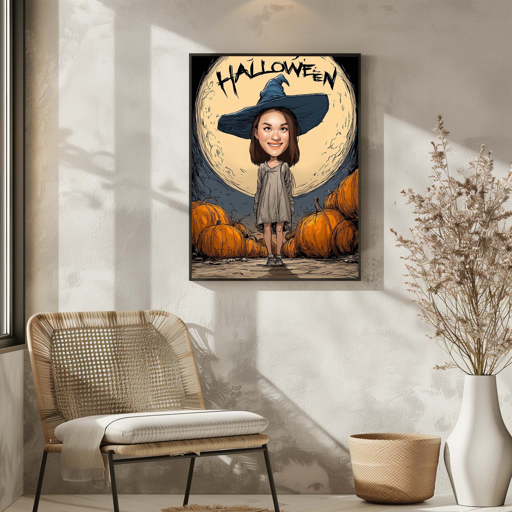 Custom Halloween caricature portrait of a girl in witch hat with pumpkins and full moon backdrop