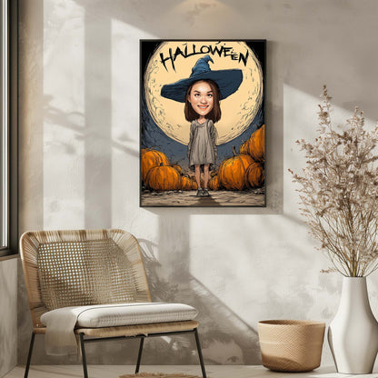 Custom Halloween caricature portrait of a girl in witch hat with pumpkins and full moon backdrop