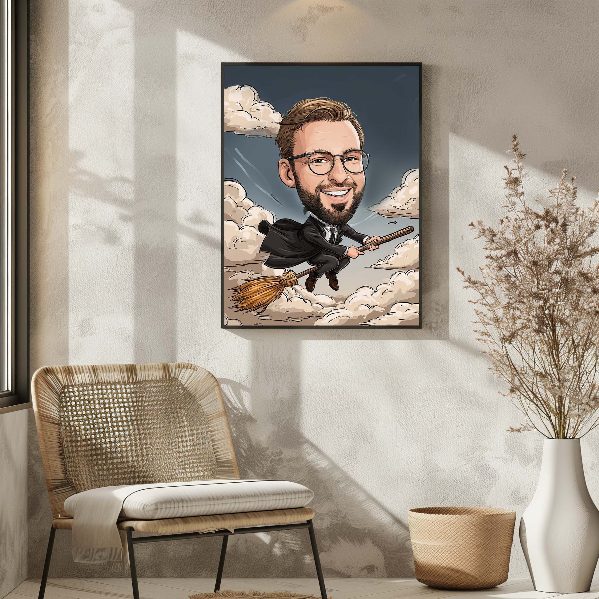 Hand-drawn wizard caricature of a smiling man flying on a broomstick, custom portrait gift
