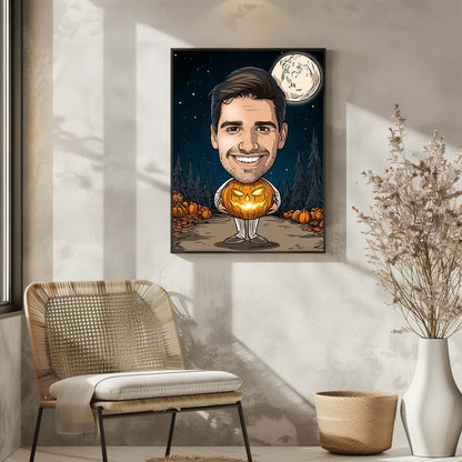 Custom Halloween cartoon portrait of smiling man with glowing pumpkin and full moon background