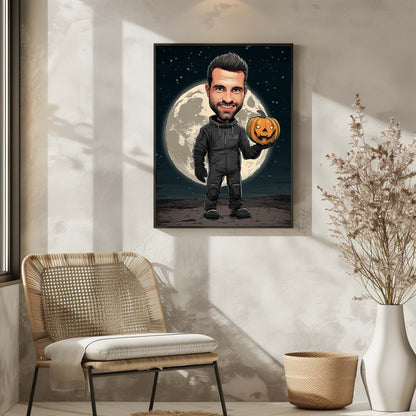 Hand-drawn astronaut cartoon portrait holding pumpkin before moon, personalized character illustration wall art gift