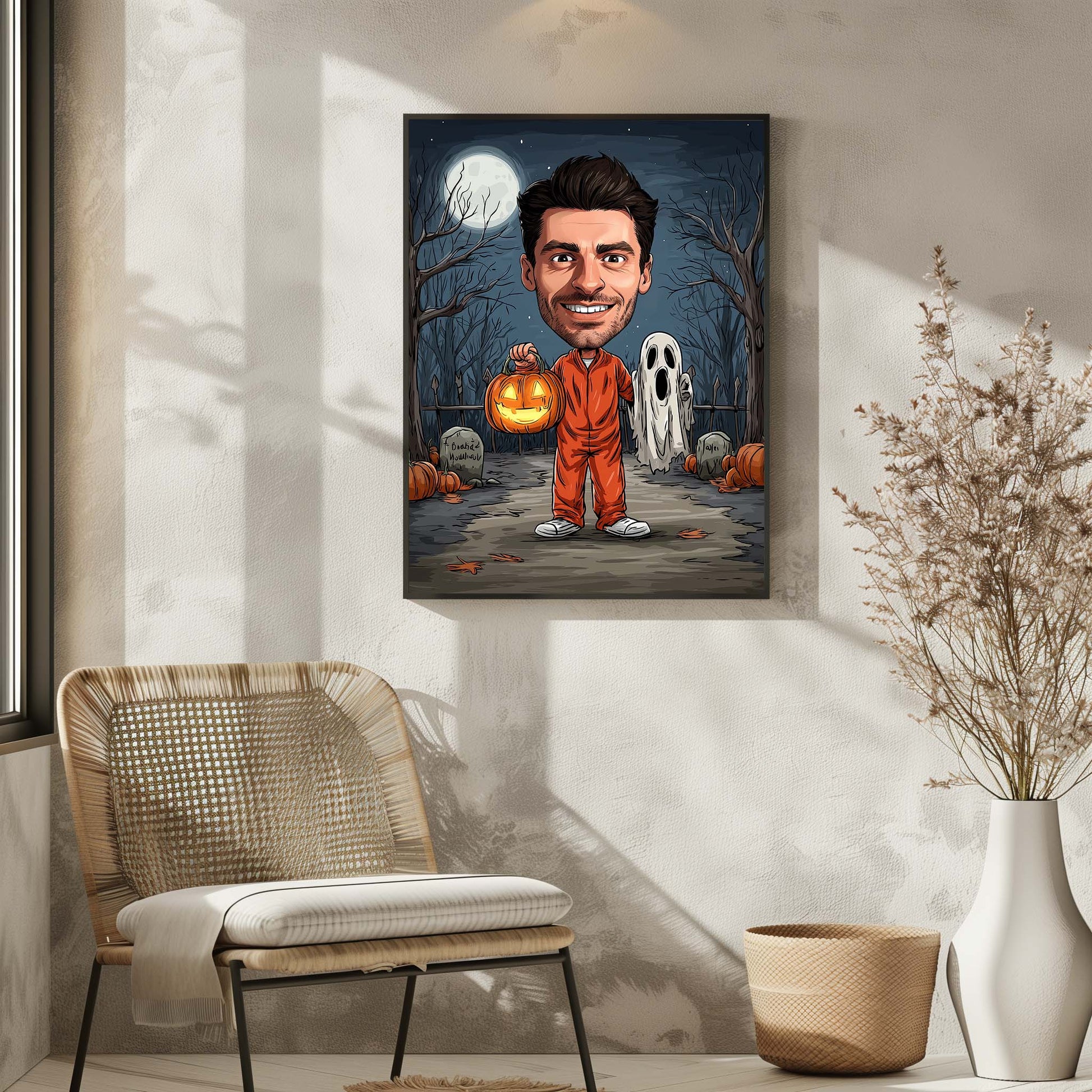Personalized cartoon portrait of man holding pumpkin lantern in spooky graveyard, Halloween wall art gift