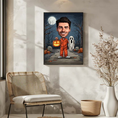 Personalized cartoon portrait of man holding pumpkin lantern in spooky graveyard, Halloween wall art gift