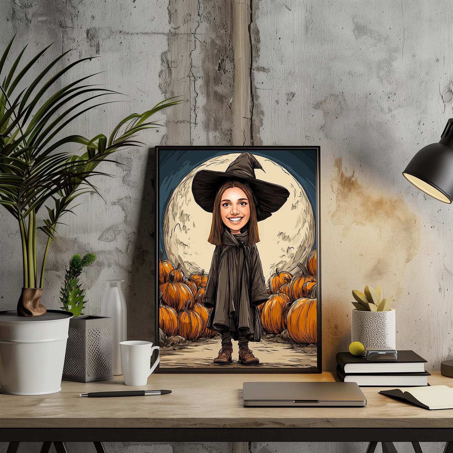 Personalized witch wall art portrait with pumpkins and full moon, perfect Halloween decor gift