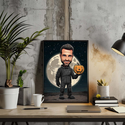 Hand-drawn astronaut cartoon portrait holding pumpkin before moon, personalized character illustration wall art gift