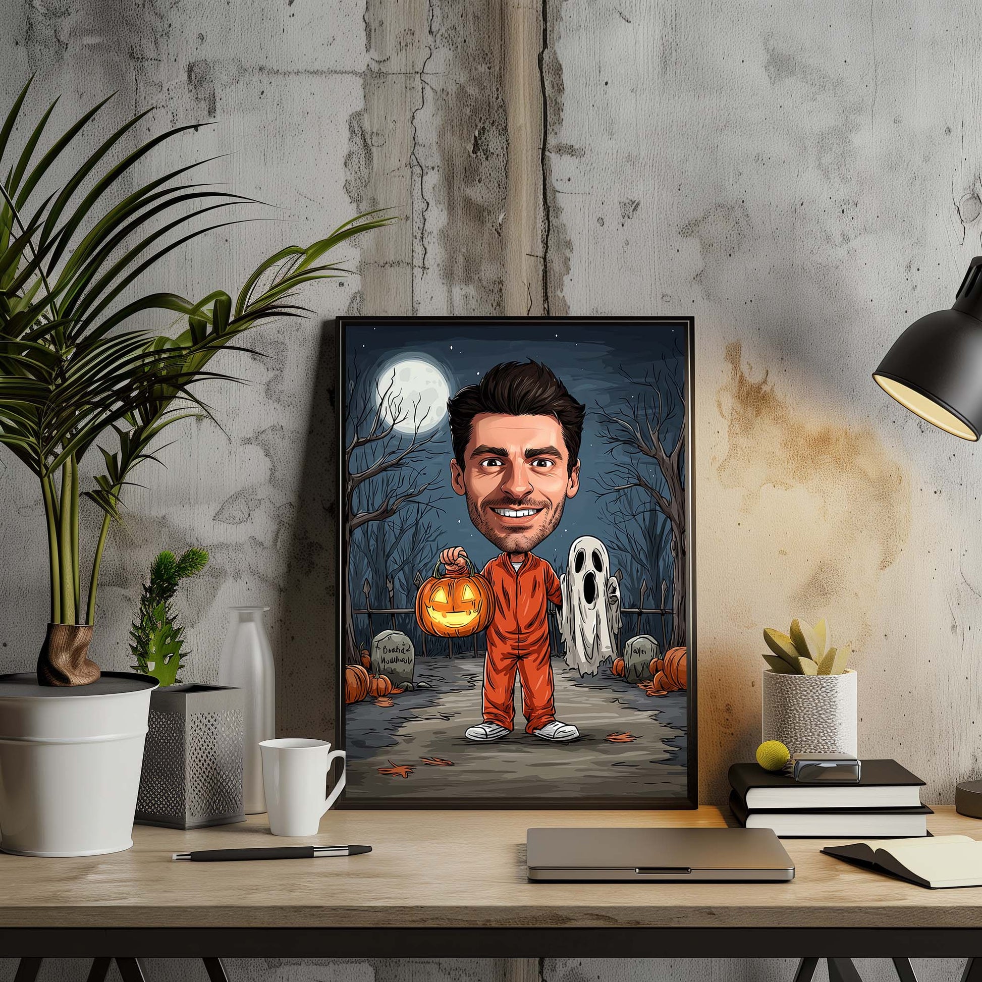 Personalized cartoon portrait of man holding pumpkin lantern in spooky graveyard, Halloween wall art gift