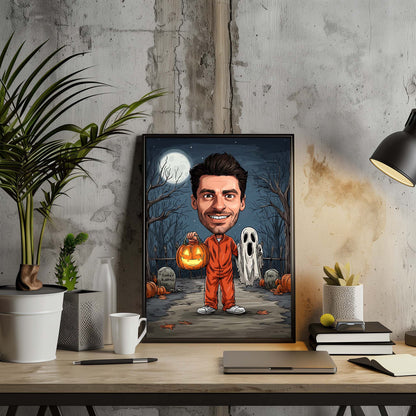 Personalized cartoon portrait of man holding pumpkin lantern in spooky graveyard, Halloween wall art gift