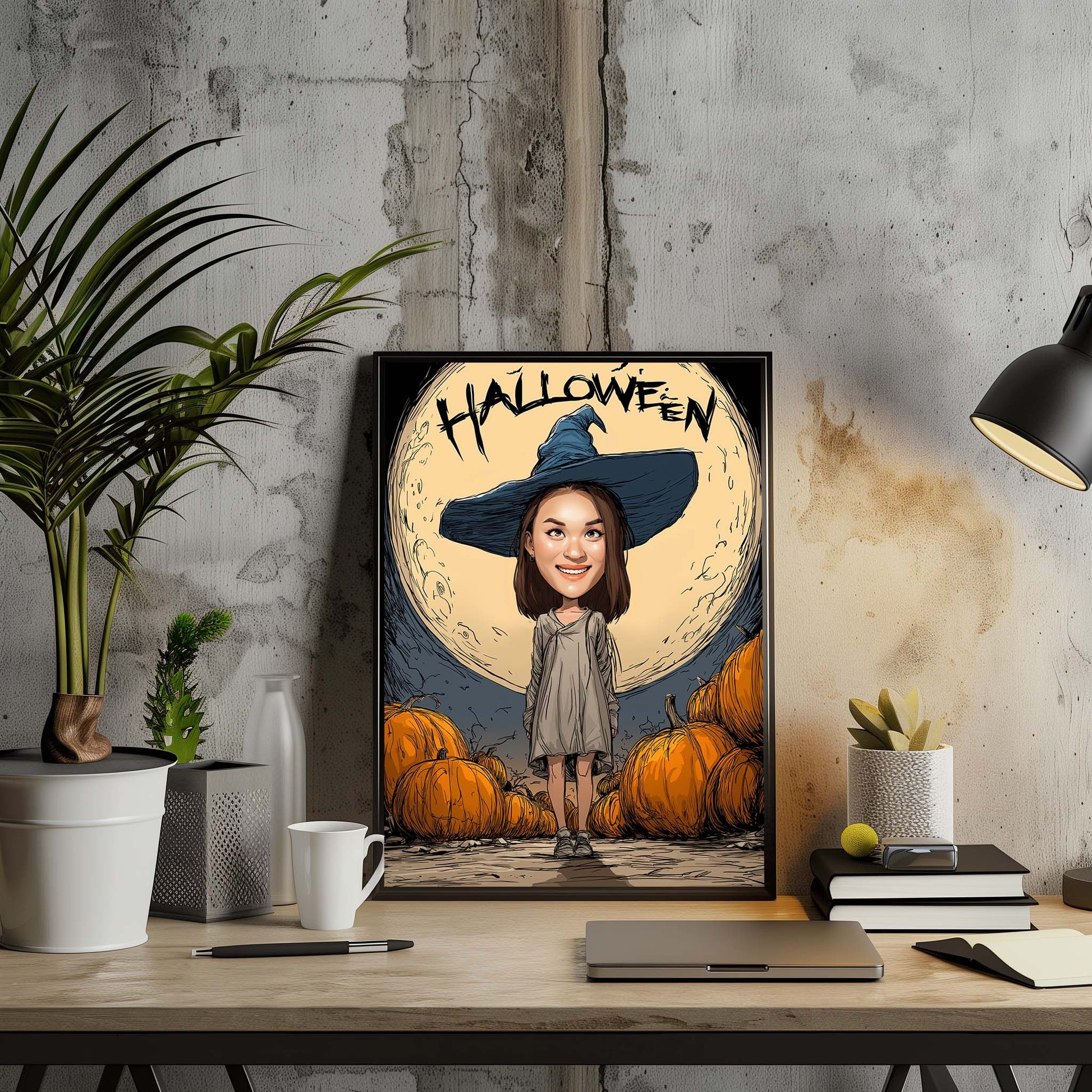 Custom Halloween caricature portrait of a girl in witch hat with pumpkins and full moon backdrop
