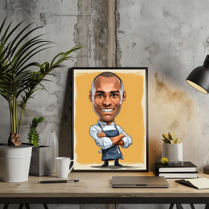 Hand-drawn custom chef caricature portrait from photo, perfect personalized kitchen gift