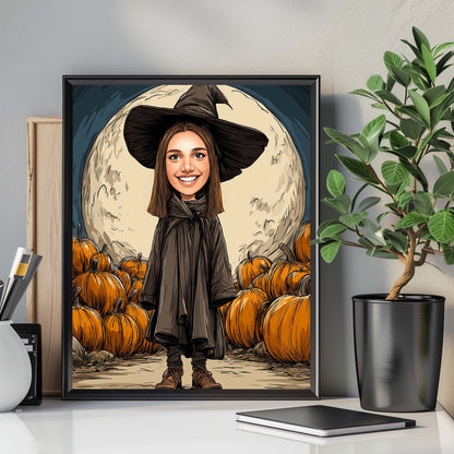 Personalized witch wall art portrait with pumpkins and full moon, perfect Halloween decor gift