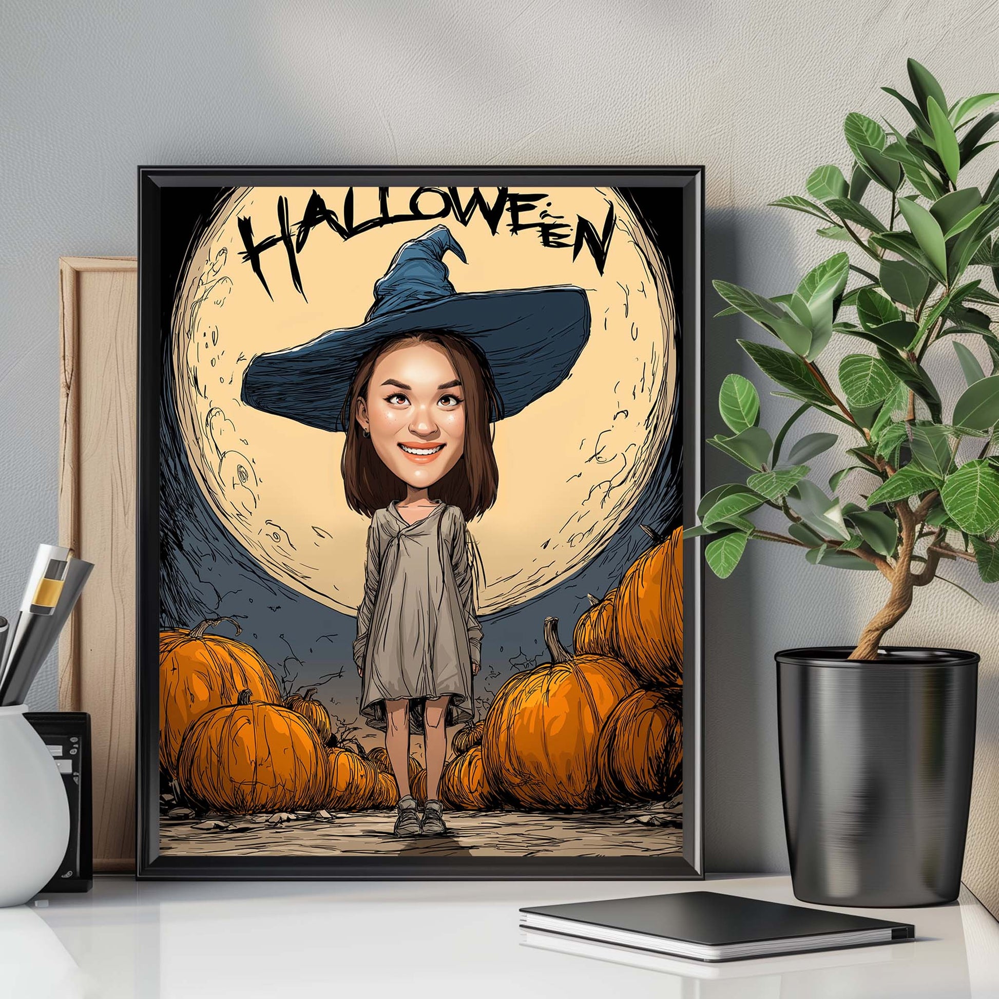 Custom Halloween caricature portrait of a girl in witch hat with pumpkins and full moon backdrop