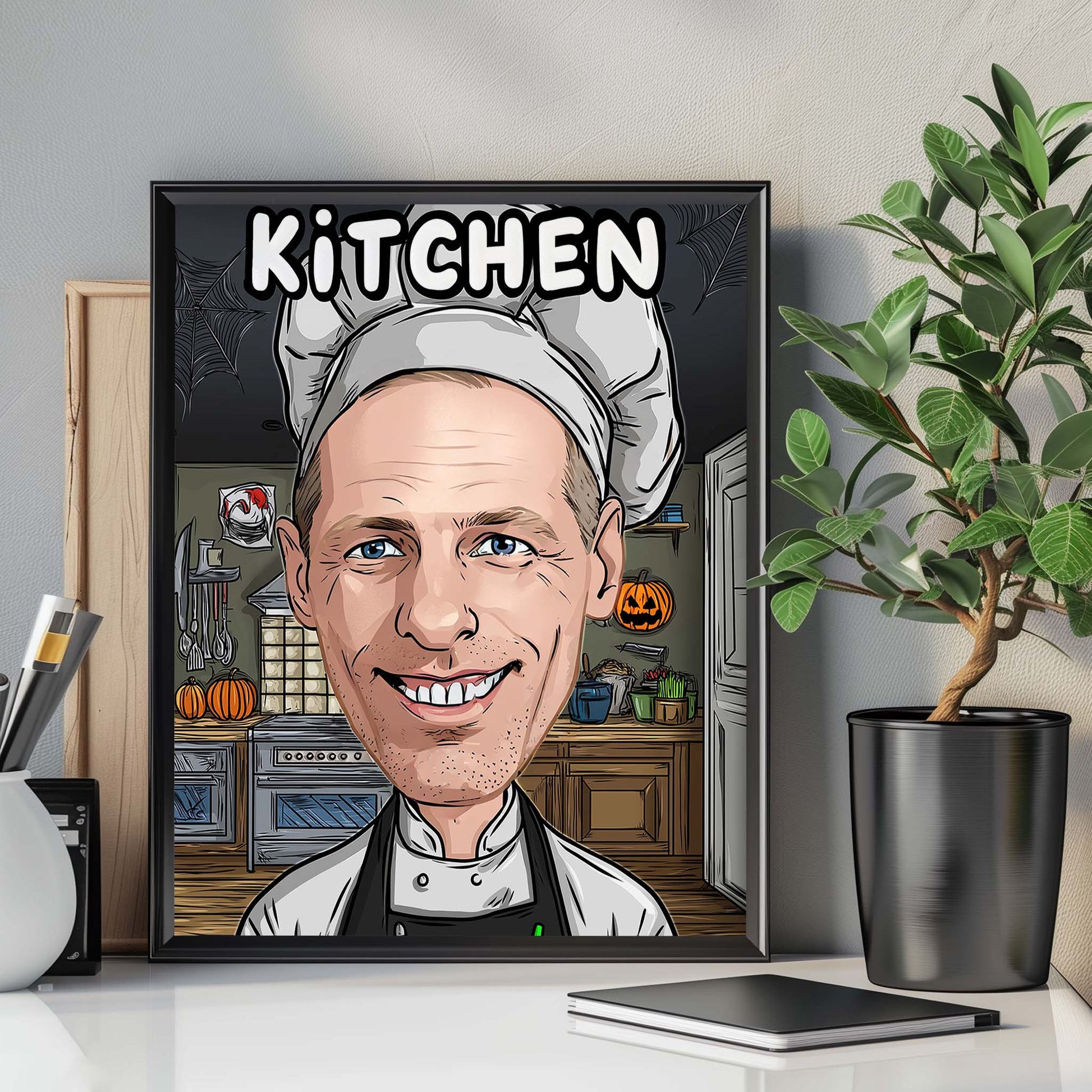 Personalized chef caricature poster, funny kitchen wall art gift for cooking lovers