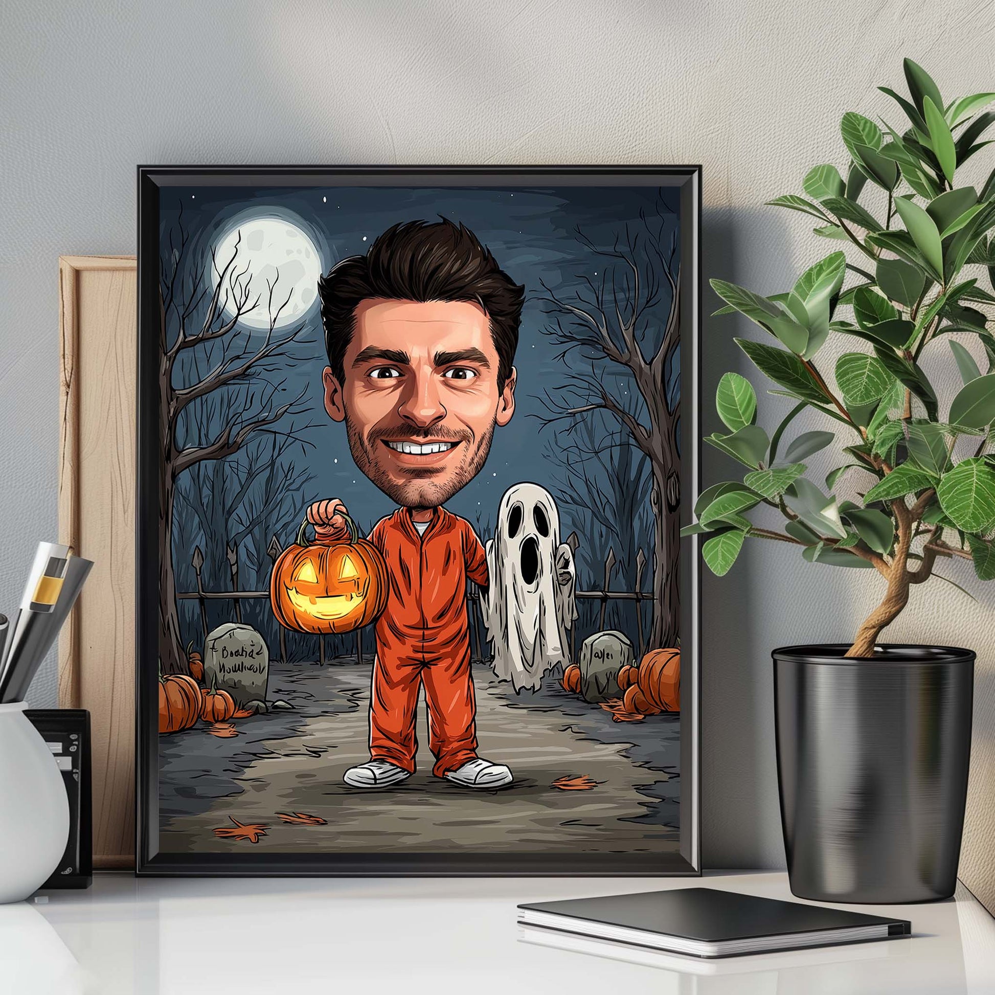 Personalized cartoon portrait of man holding pumpkin lantern in spooky graveyard, Halloween wall art gift