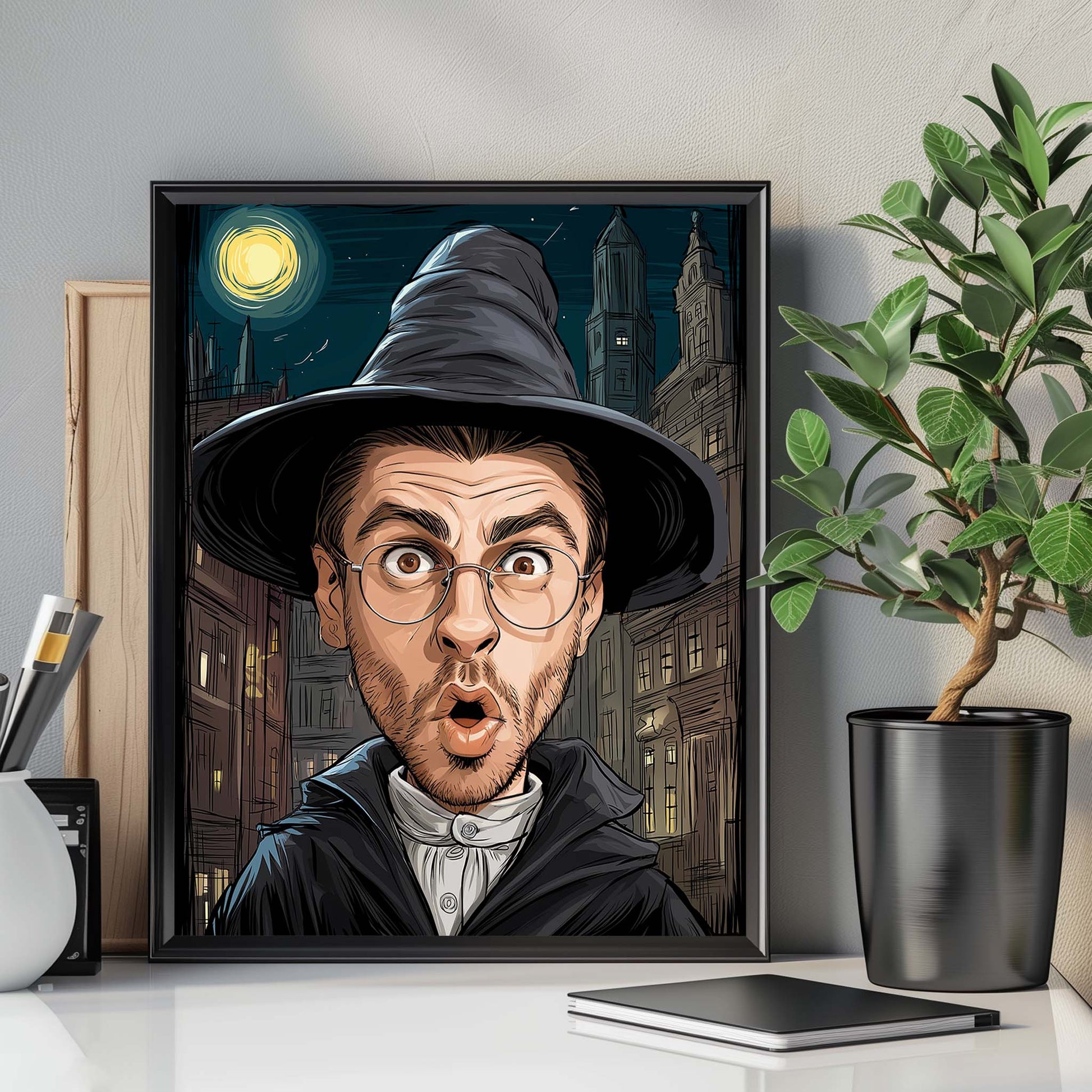 Custom portrait art of surprised man in cartoon style, perfect humorous wall gift for him