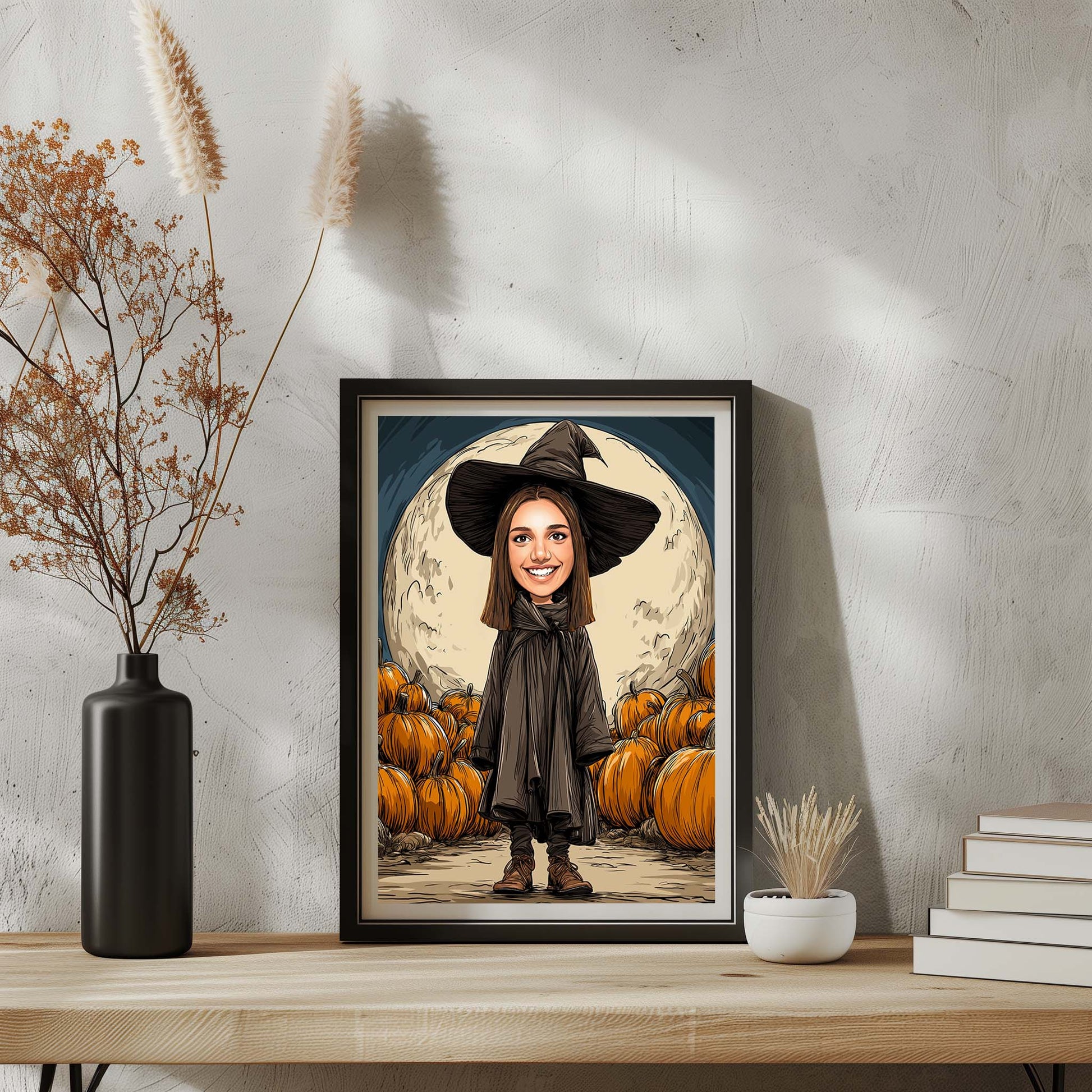 Personalized witch wall art portrait with pumpkins and full moon, perfect Halloween decor gift