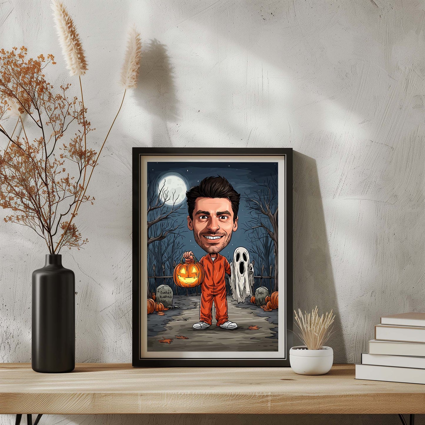 Personalized cartoon portrait of man holding pumpkin lantern in spooky graveyard, Halloween wall art gift