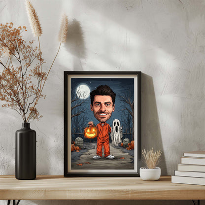 Personalized cartoon portrait of man holding pumpkin lantern in spooky graveyard, Halloween wall art gift