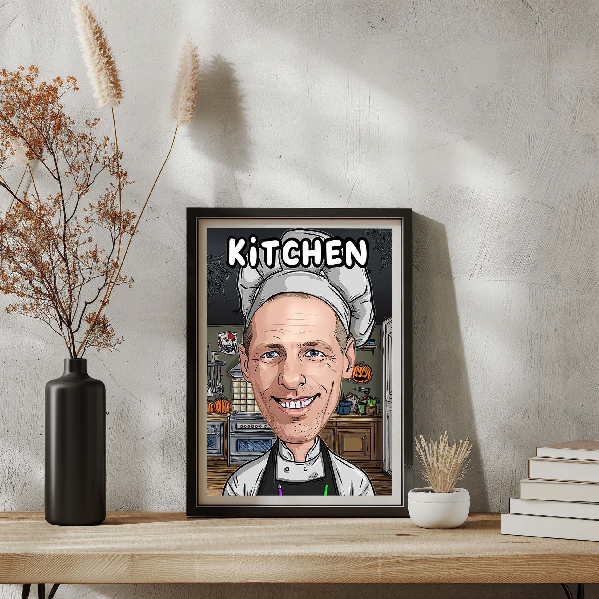 Personalized chef caricature poster, funny kitchen wall art gift for cooking lovers