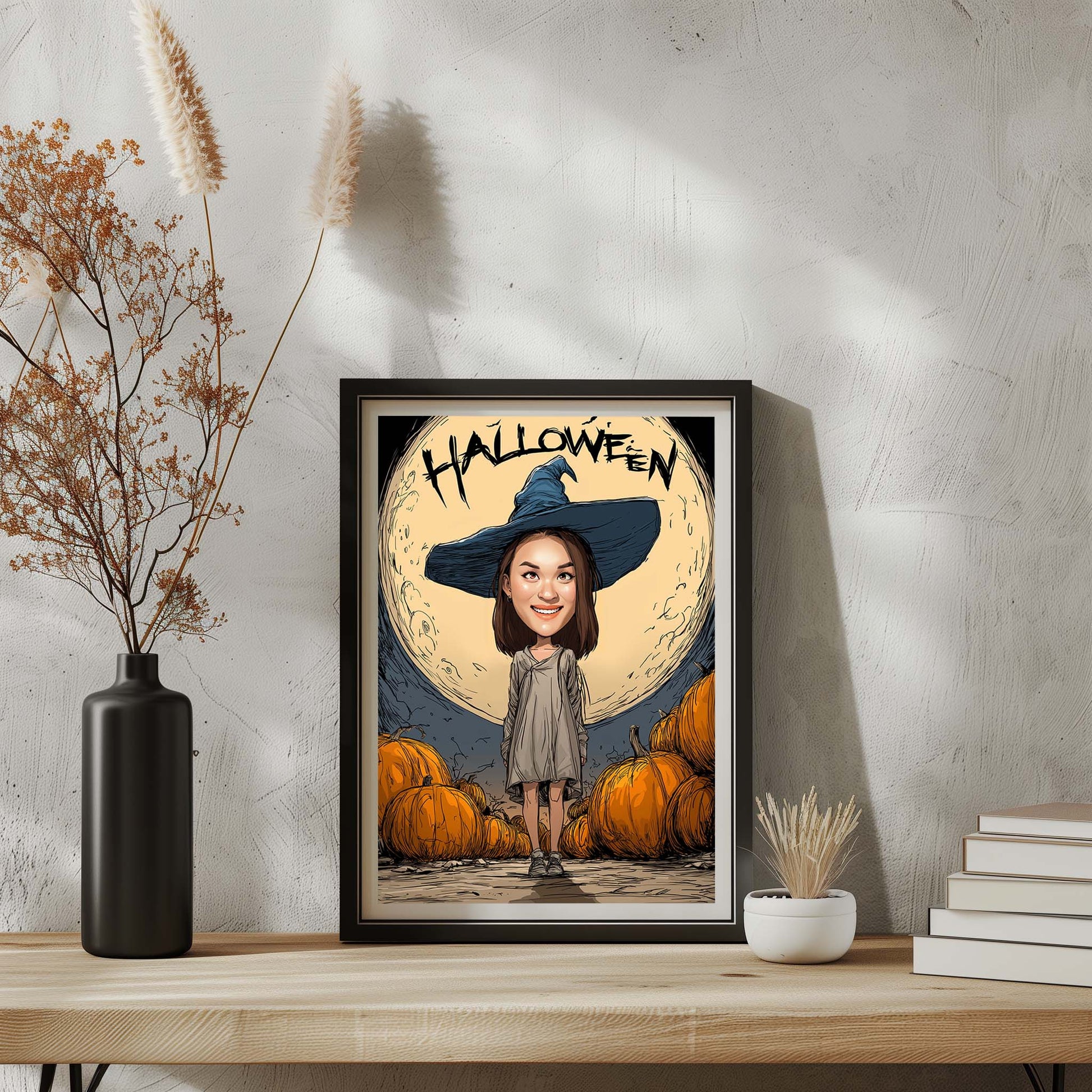 Custom Halloween caricature portrait of a girl in witch hat with pumpkins and full moon backdrop